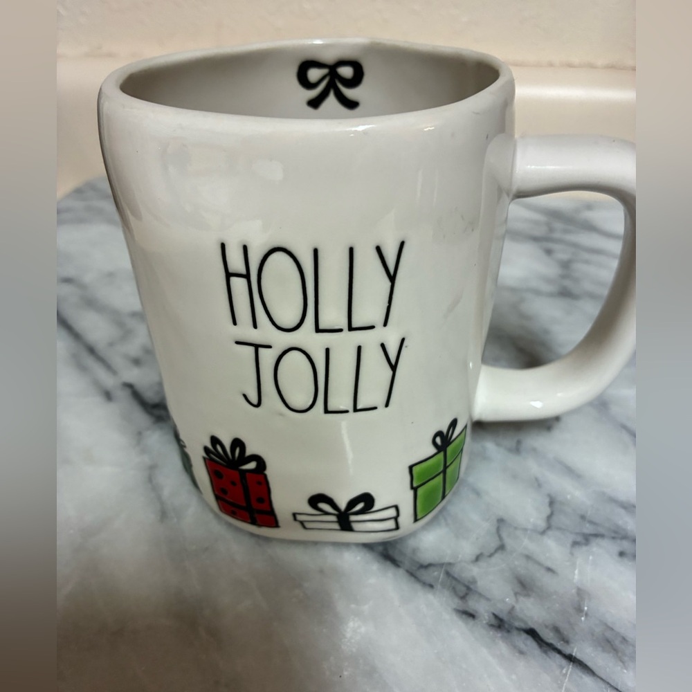Rae Dunn Holly Jolly Holiday Mug - White with Green & Red Gift Accents